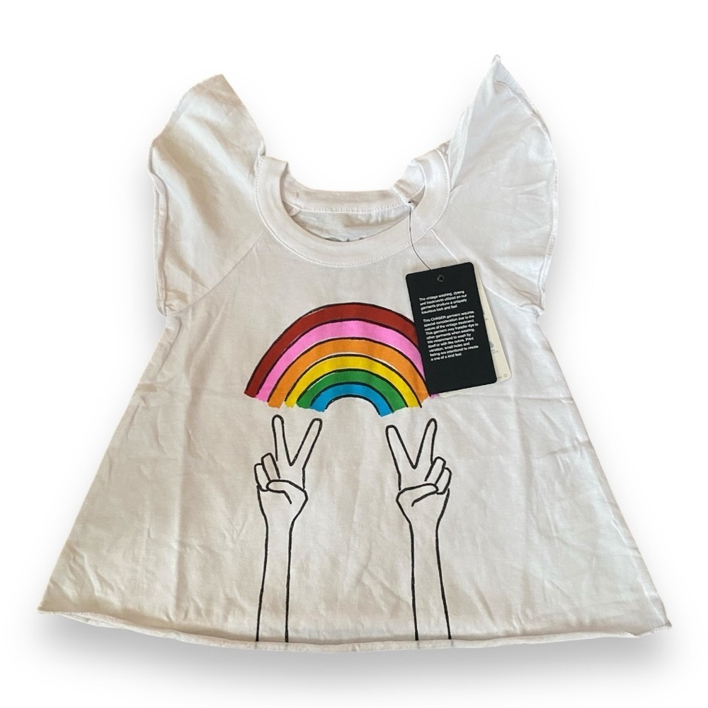 Chaser White Rainbow Peace T Shirt Girl’s Size 3 NWT Flutter Sleeves Swing Tee